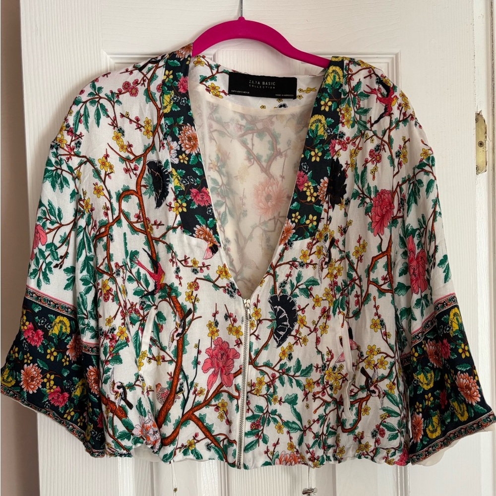Zara Blouse Womens S Kimono Floral Cottage Full Zip Bohemian Casual Drawstring